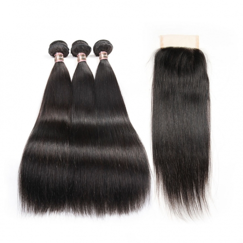 3 Bundles with Closure HD Lace and Transparent Lace Closure 4*4 5*5 6*6 Straight Human Virgin Hair Free Part Closure