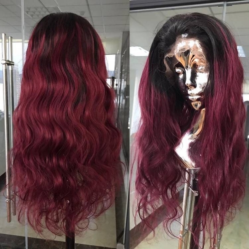 Custom T1B/Burgundy Body Wave color HD lace full frontal wig unit 13x4 13x6 hight quality high density small knots bleached very well