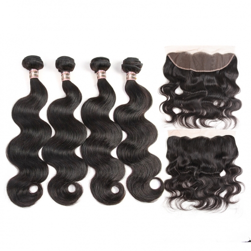 4 Bundles with Frontal  HD Lace and Transparent Lace 13*4 Body Wave Human Virgin Hair Pre-plucked Natural Hairline Frontal