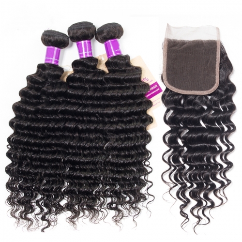 3 Bundles with Closure HD Lace and Transparent Lace Closure 4*4 5*5 6*6 Deep Wave Human Virgin Hair Free Part Closure