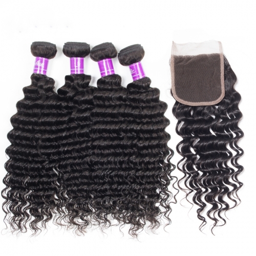 Deep Wave 4 Bundle with Closure  HD Lace and Transparent Lace Closure 4*4 5*5 6*6 Human Virgin Hair Free Part Closure