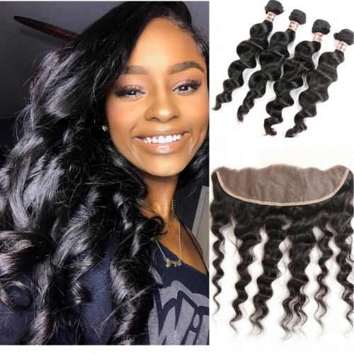 4 Bundles with Frontal  HD Lace and Transparent Lace 13*4 Loose Deep Wave Human Virgin Hair Pre-plucked Natural Hairline Frontal