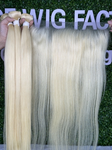 613 blonde Color 3 Bundles with Frontal HD Lace and Transparent Lace frontal 13*4 13*6 Straight Human Virgin Hair Free Part Closure
