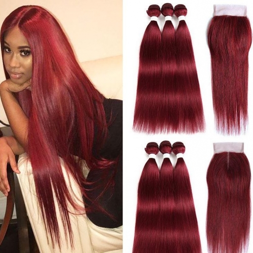 Burgundy color 3 Bundles with Closure Transparent Lace Closure 4*4 5*5 Straight Human Virgin Hair Free Part Closure